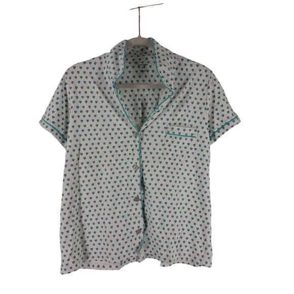 Roller Rabbit Teal Heart Pajama Top Womens XL Button Down Short Sleeve Preppy - Picture 1 of 4